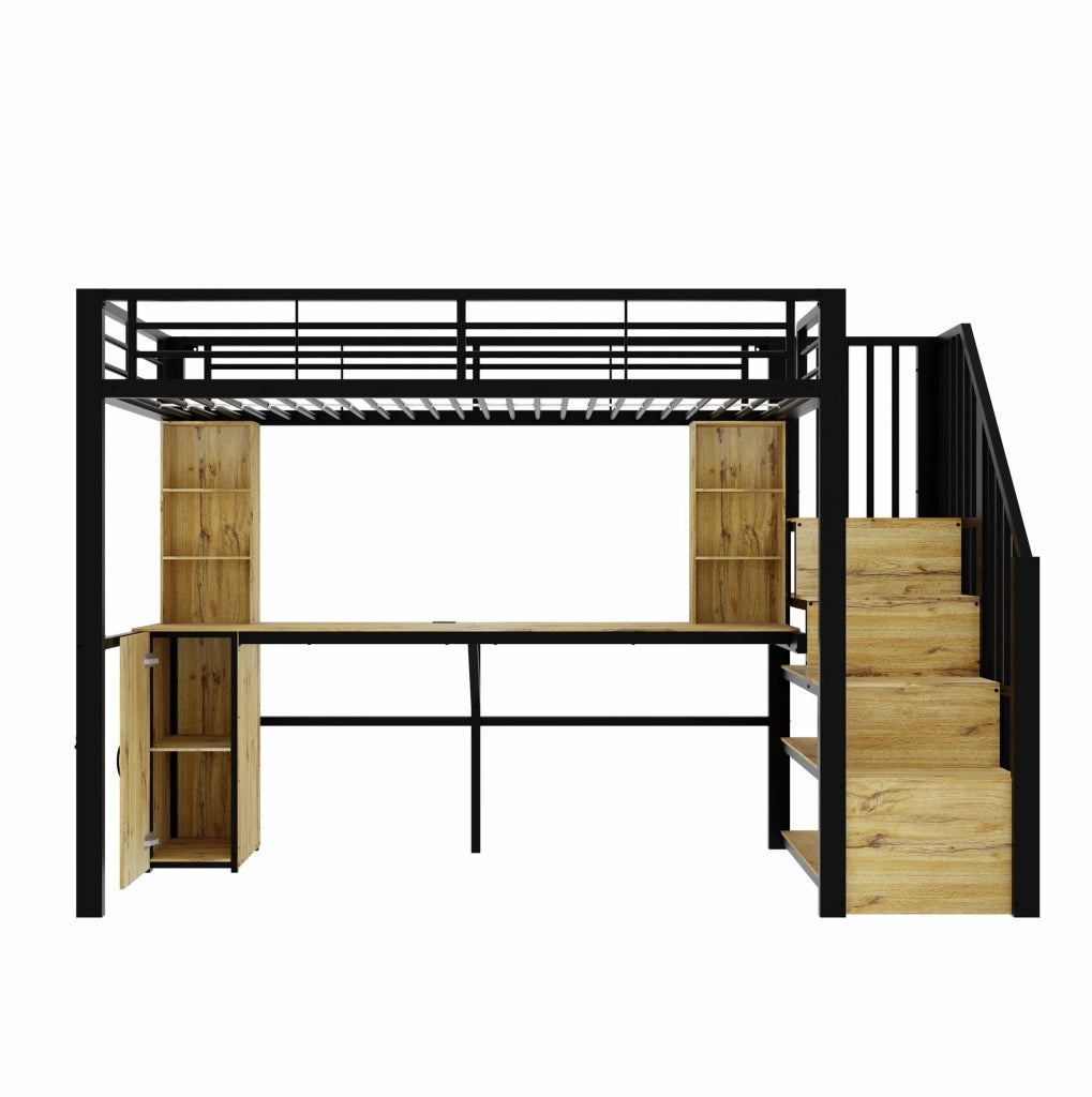 Letto a soppalco 90x200 cm nero in metallo e MDF, scrivania USB, senza materasso