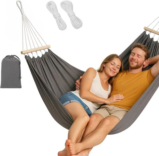 Hangmat extra grande in cotone con cavi per giardino, terrazza, campeggio - Grigio XXL (Sostegno fino a 200 kg, Dimensioni 150 x 280 cm)