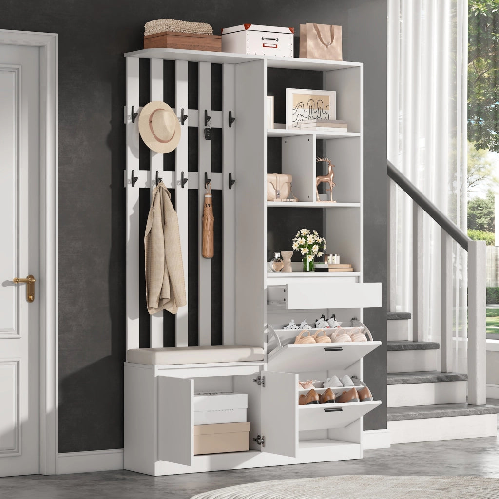 Garderoba da ingresso multifunzionale 120x30x200 cm in MDF bianco con panca imbottita, 2 vani portascarpe, cassetto e 10 ganci