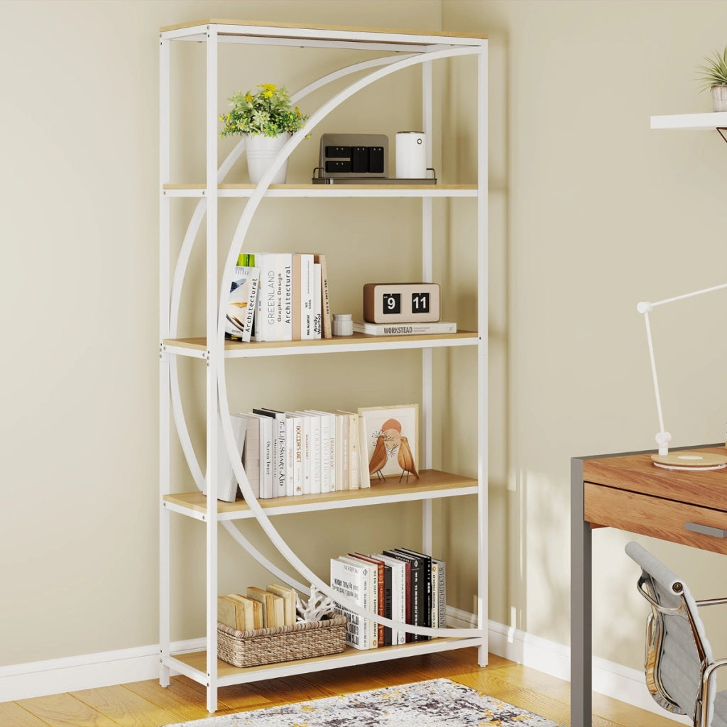 Libreria indipendente con design a forma di arco struttura in metallo-Libreria moderno a 5 ripiani con ripiani aperti Bianco