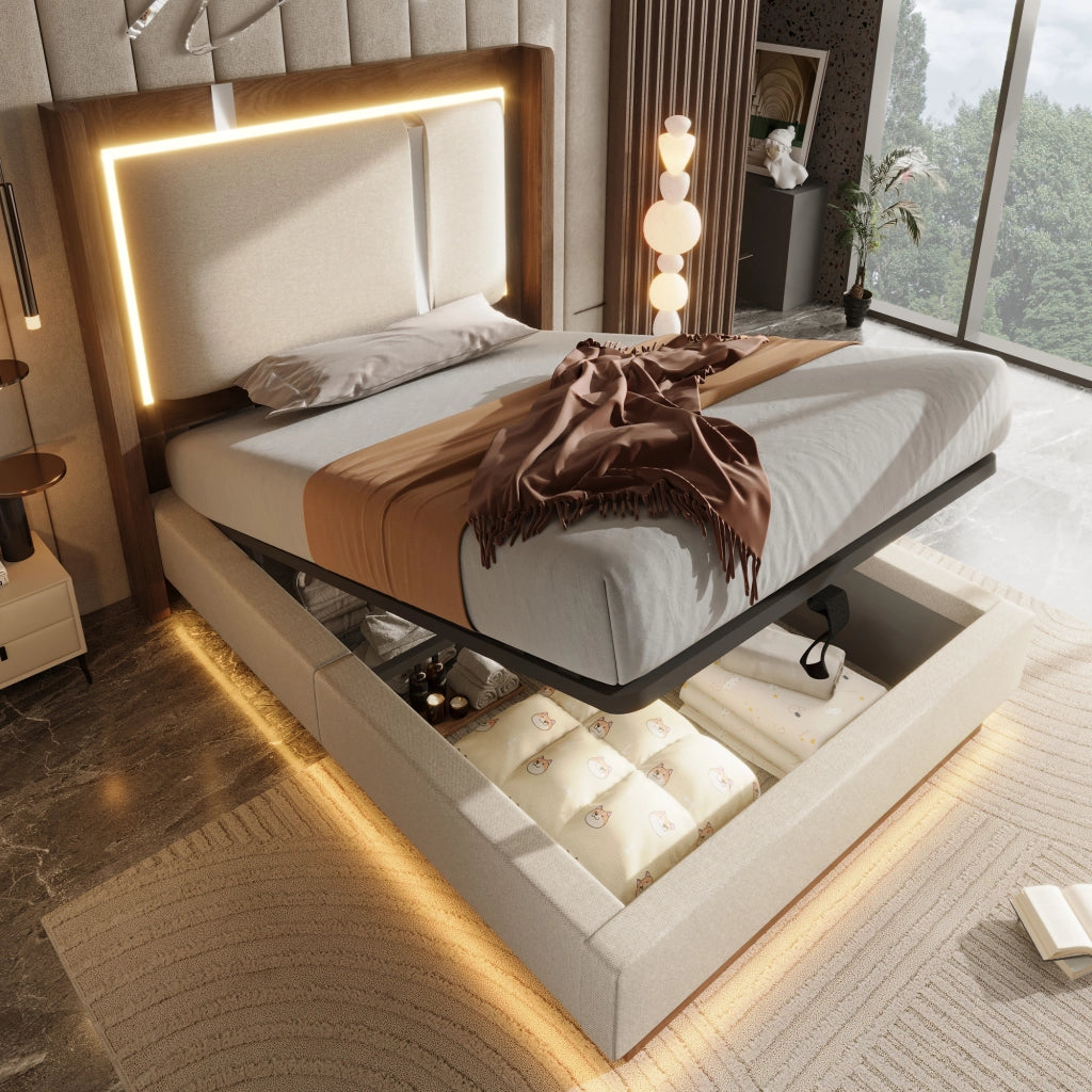LETTO 90x200 cm con LED, contenitore idraulico, lino beige e noce
