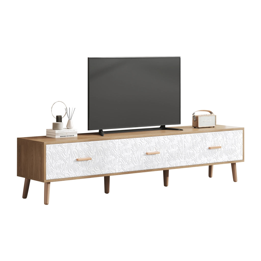 Mobile TV vintage 150 cm con 3 cassetti, finitura legno chiaro e dettagli bianchi