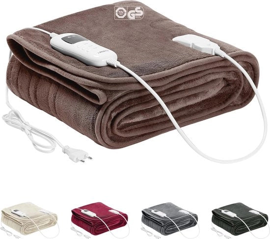 Deken Elettrico 160 x 120 cm | Deken Riscaldato con 9 Impostazioni di Temperatura e Spegnimento Automatico | Lavabile in Lavatrice e Respiro | Marrone