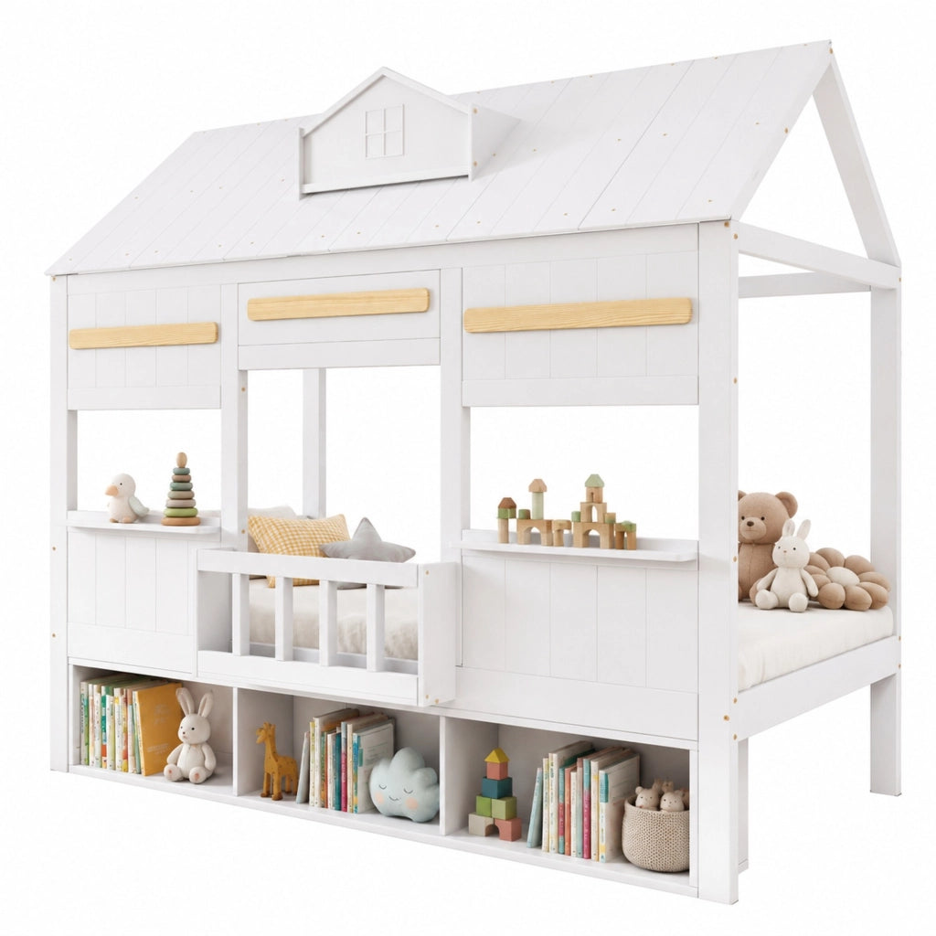 Letto a soppalco per bambini bianco 90x200 cm con libreria integrata