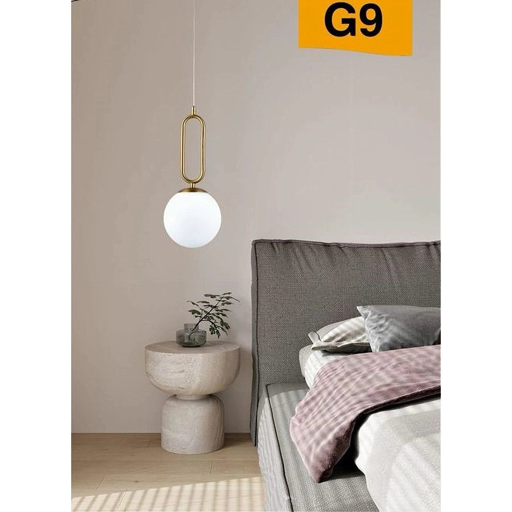 Trade Shop - Lampadario A Sospensione Minimalista Ovale Metallo Bronzo Con Sfera Vetro G9 A96 -