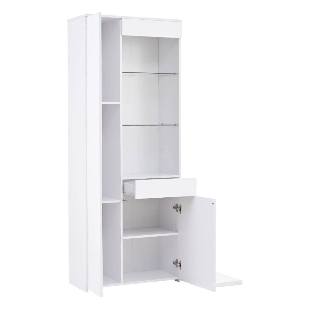 Vetrina con 2 ante, 1 cassetto e vani aperti con LED per soggiorno, in truciolato e vetro, bianco, 70 × 35 × 180 cm