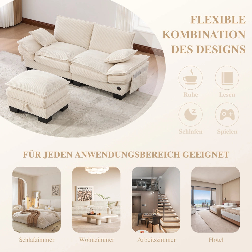 Divano modulare 2 posti in corduroy con pouf, seduta ergonomica, porta USB-C, tasche laterali e cuscini beige
