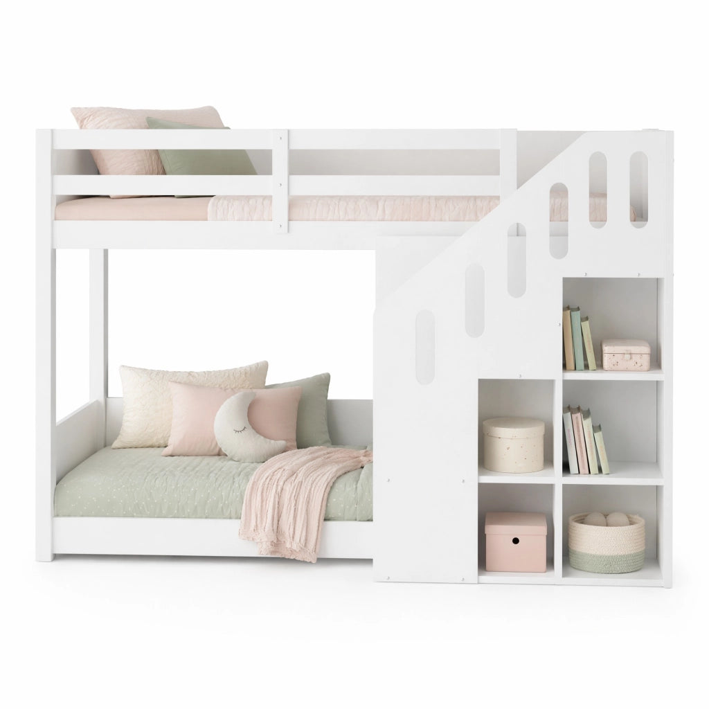 LETTO a castello con scala contenitore 90x200 cm Legno massello Bianco