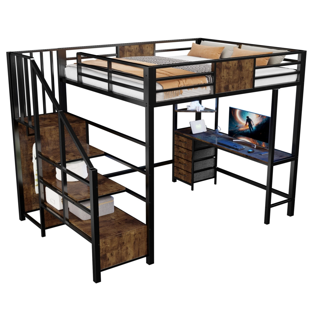 Letto a soppalco 140x200 con scrivania, ripiani, barra appendiabiti, LED e presa