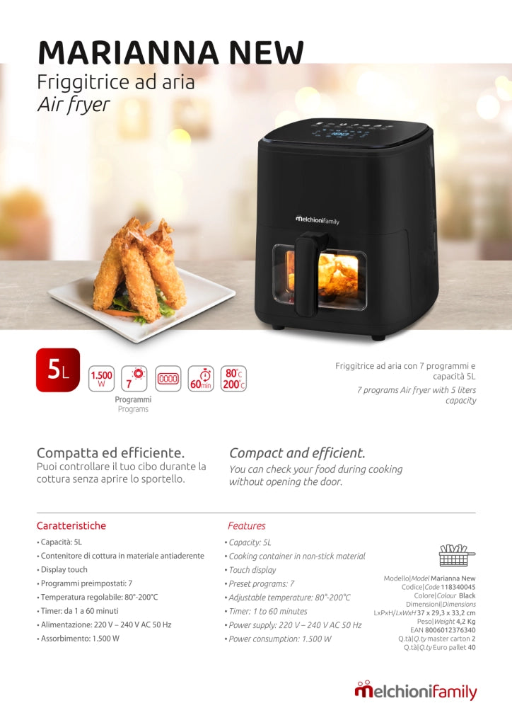 Melchioni Family Marianna New, Friggitrice ad Aria 5L, Compatta, Touch Display, 7 Programmi, Antiaderente, Timer 60 Min, Temperatura 80°-200°C, Controllo Cottura Senza Aprire lo Sportello