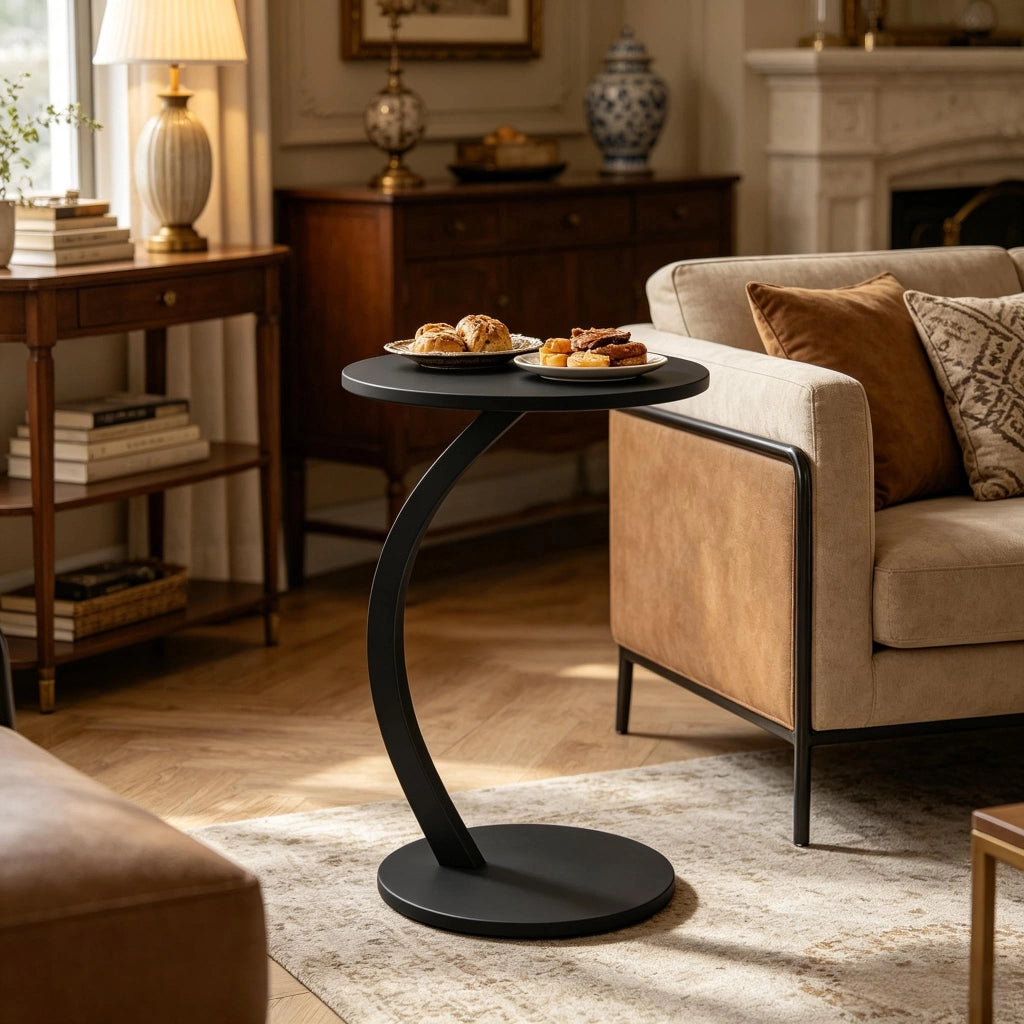 Tavolino basso a C con piano rotondo e base sotto divano, in MDF e metallo, nero, per soggiorno, 40 × 64,5 cm