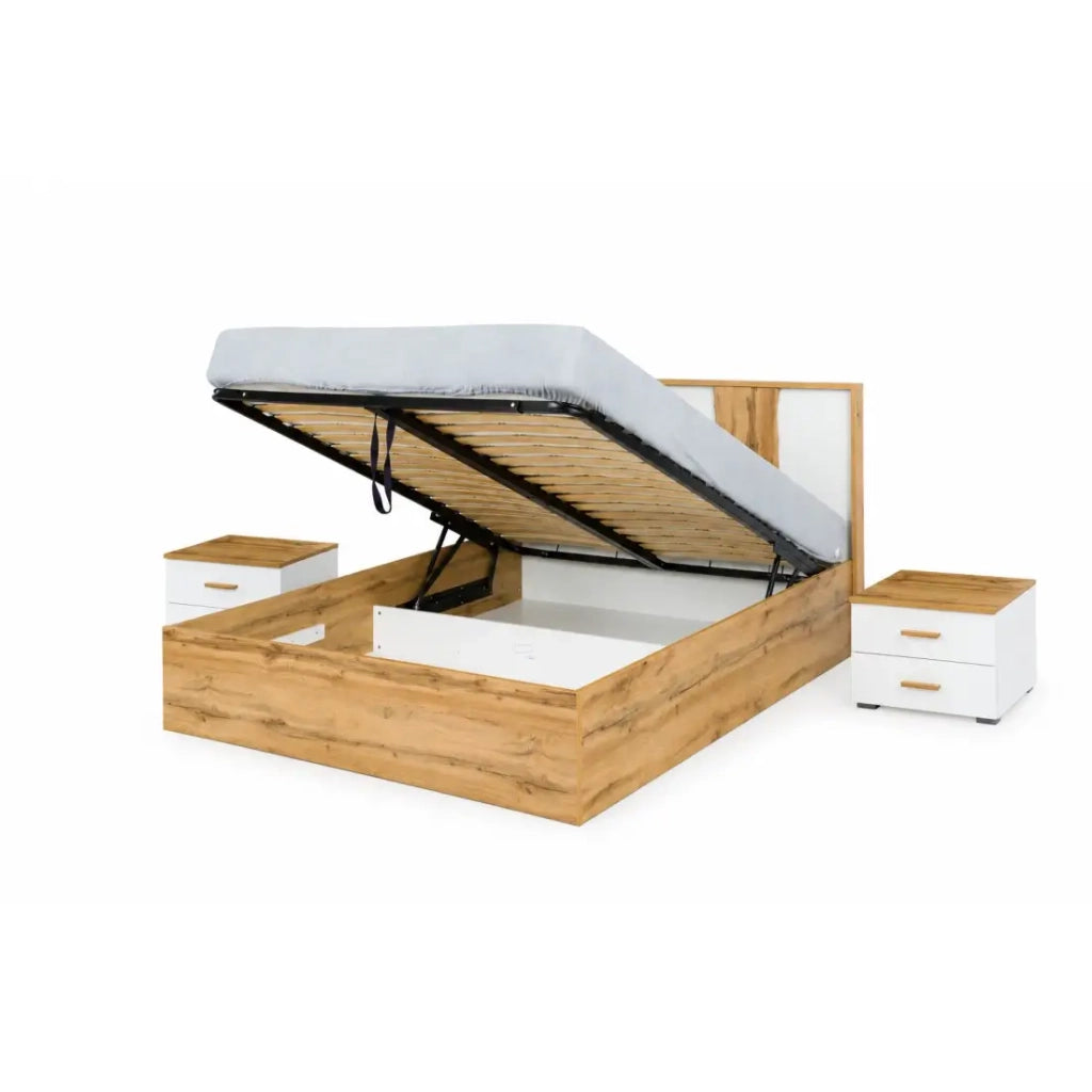 Pack letto contenitore WOOD 180 x 200 cm con 2 comodini – Bianco e quercia – Set camera da letto moderna