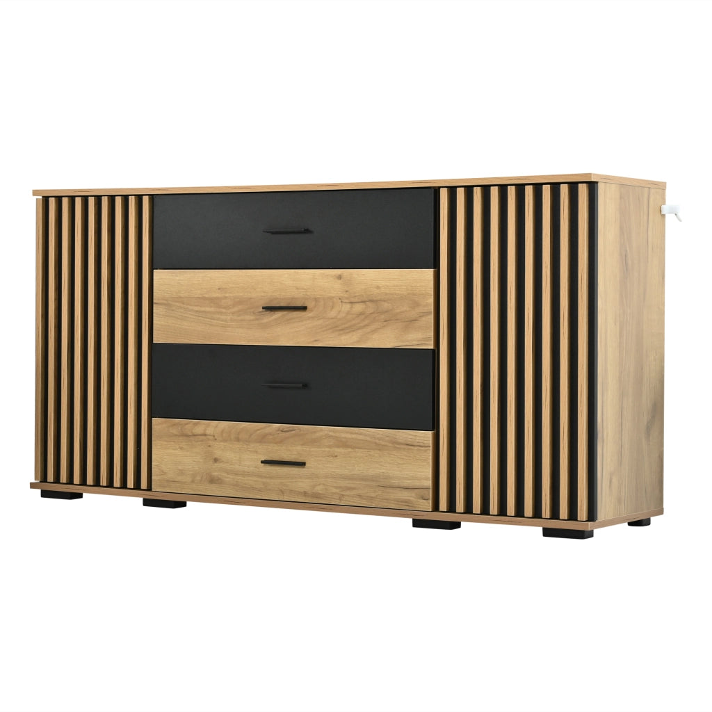 Sideboard 140×35×70 cm in MDF con 4 cassetti e 2 ante, mobile contenitore in effetto rovere nero