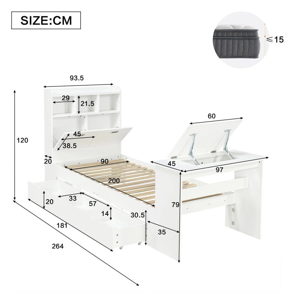 Letto singolo 90x200 cm con tavolo pieghevole e cassetto