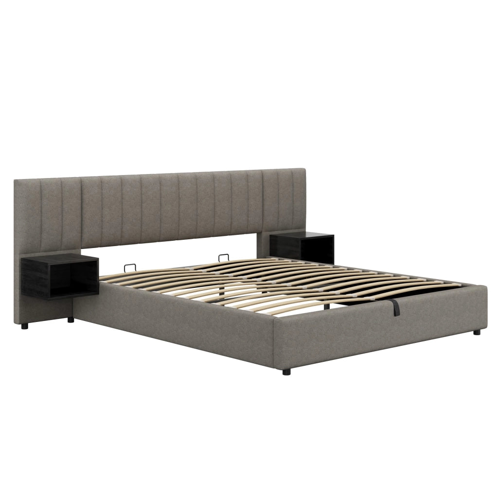 Letti contenitori 180x200 cm; sollevamento idraulico; lino grigio e nero (Senza materasso)