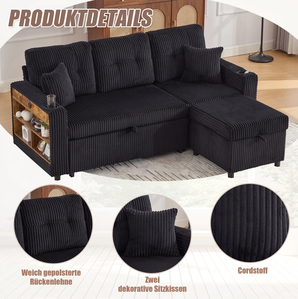Divano letto estraibile con contenitore; USB-C e LED in velluto a coste nero; 196x82x85 cm