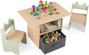 Set di Tavolo e 2 Sedie per Bambini 3+ Anni, Tavolo e 2 Sedie in Legno con Scomparti Doppio Lato e Cassetto Pieghevole in Tessuto, Ideale per Leggere, Giocare per Cameretta Bambini (Verde)