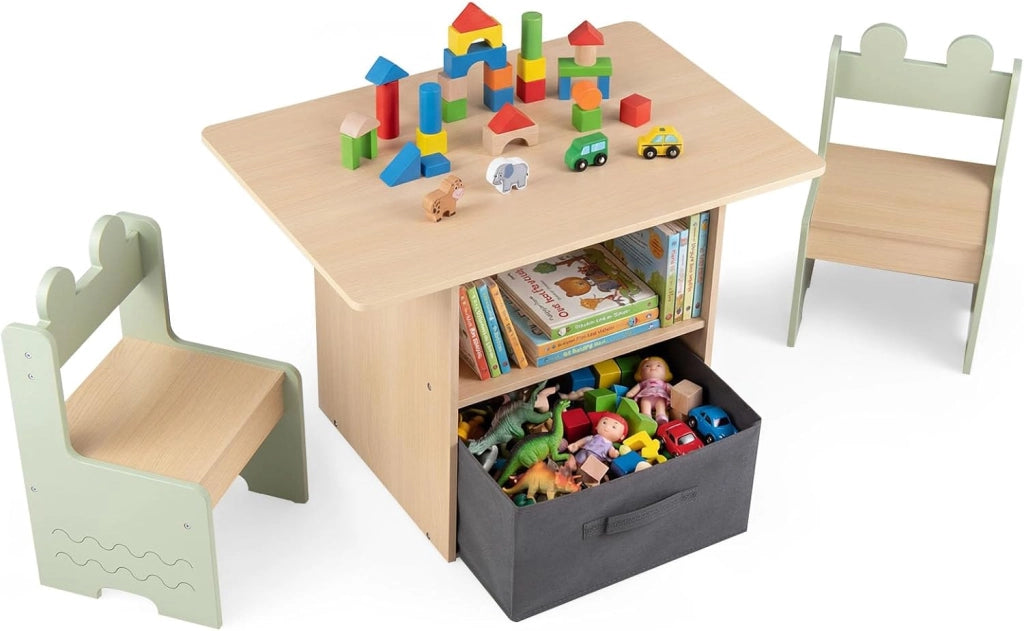 Set di Tavolo e 2 Sedie per Bambini 3+ Anni, Tavolo e 2 Sedie in Legno con Scomparti Doppio Lato e Cassetto Pieghevole in Tessuto, Ideale per Leggere, Giocare per Cameretta Bambini (Verde)