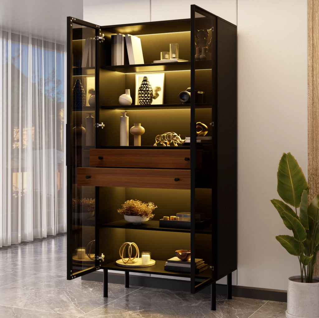 Vetrina moderna con 2 ante in vetro; LED controllabile da app; 70x36x170 cm; nero