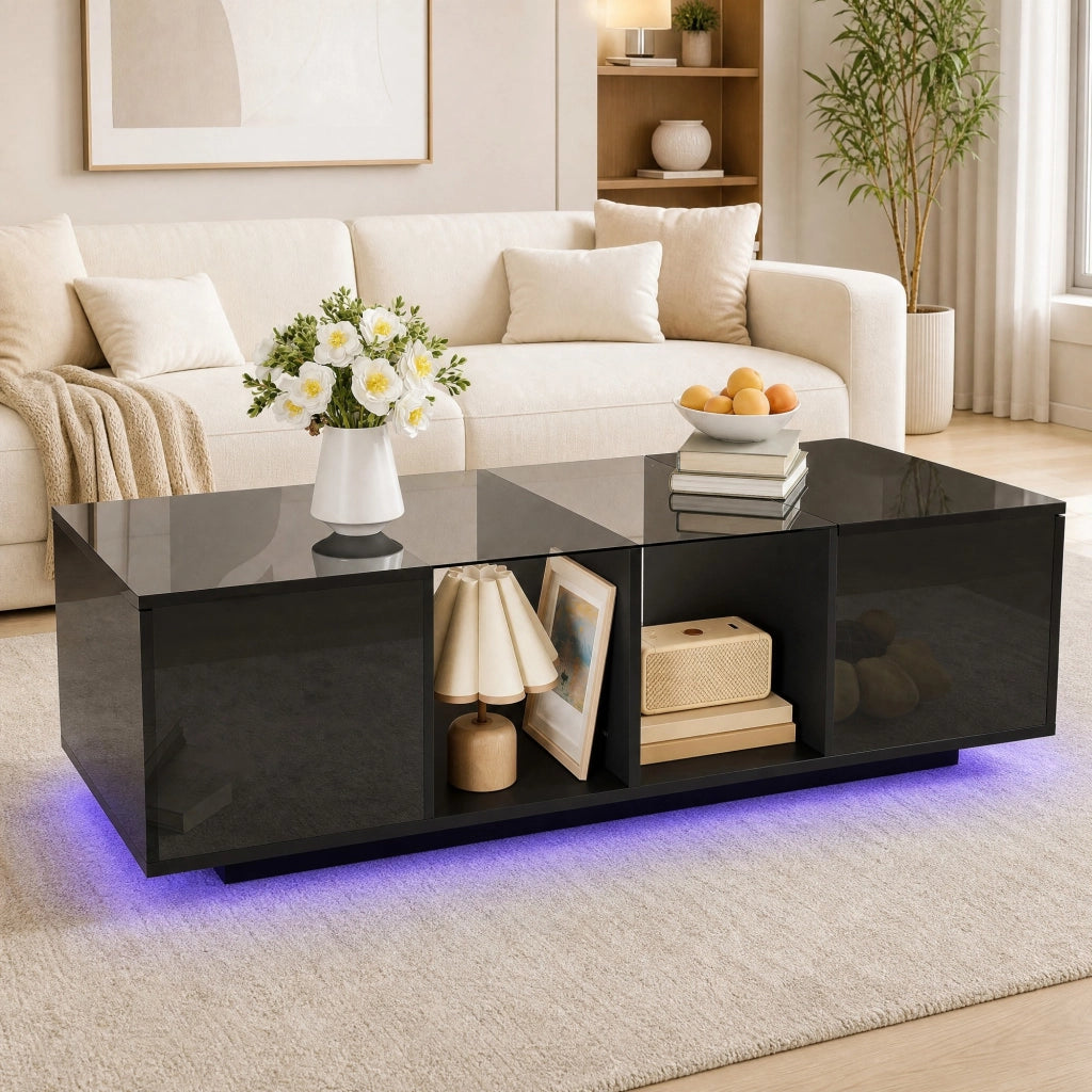Tavolino da caffè nero con LED RGB e piano in vetro