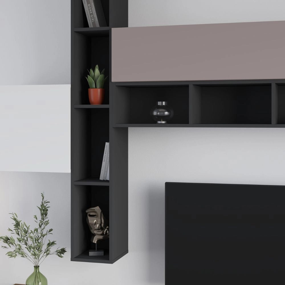 Parete attrezzata Fashion base colore hitit noce e pensili antracite, bianco e tortora  H 205x40x275 cm.