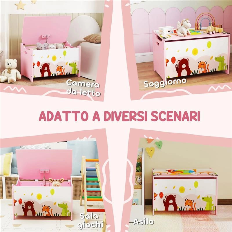 BAULE PORTAGIOCHI PER BAMBINI CON CERNIERE DI SICUREZZA IN LEGNO CON DISEGNI DI ANIMALI, 60X37X39 CM, ROSA