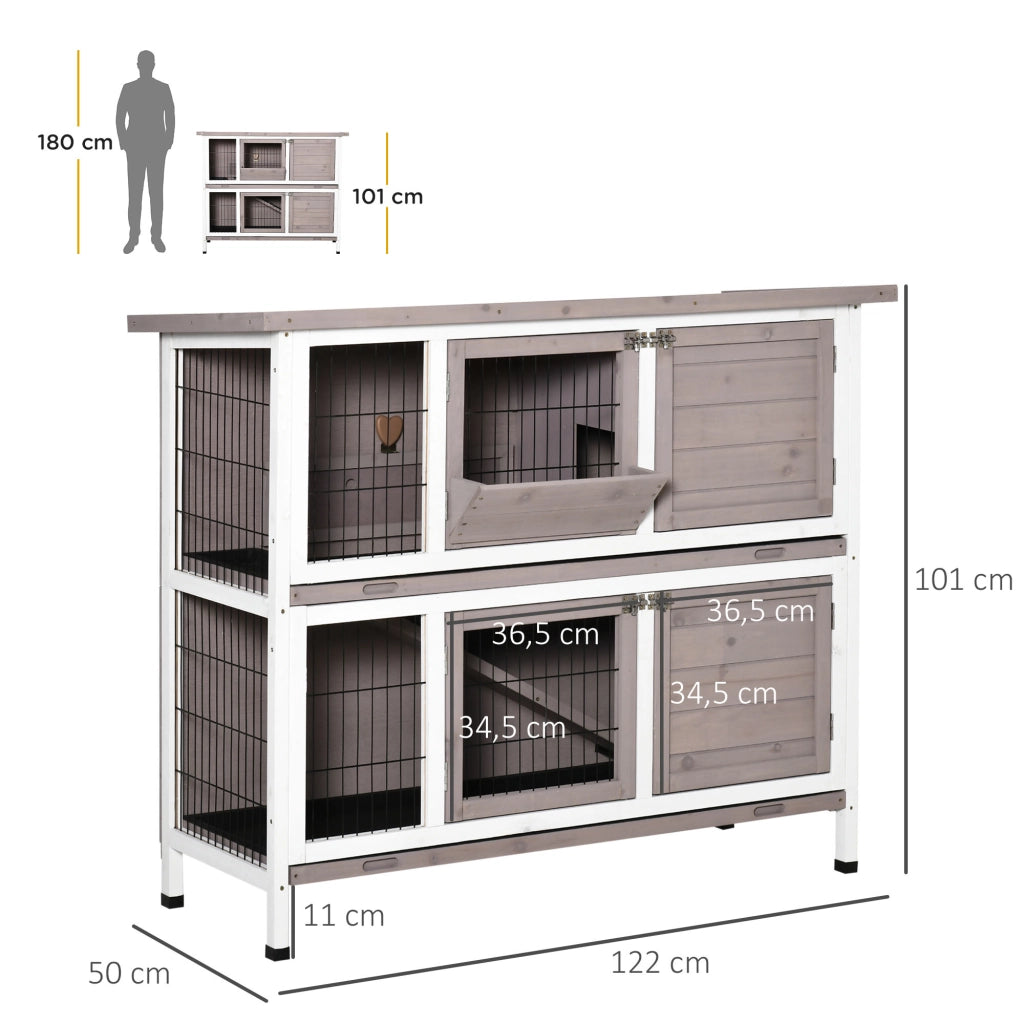Gabbia per conigli 2 livelli legno massello - Xylo - tetto apribile con mangiatoia 122x50x101 cm grigio bianco