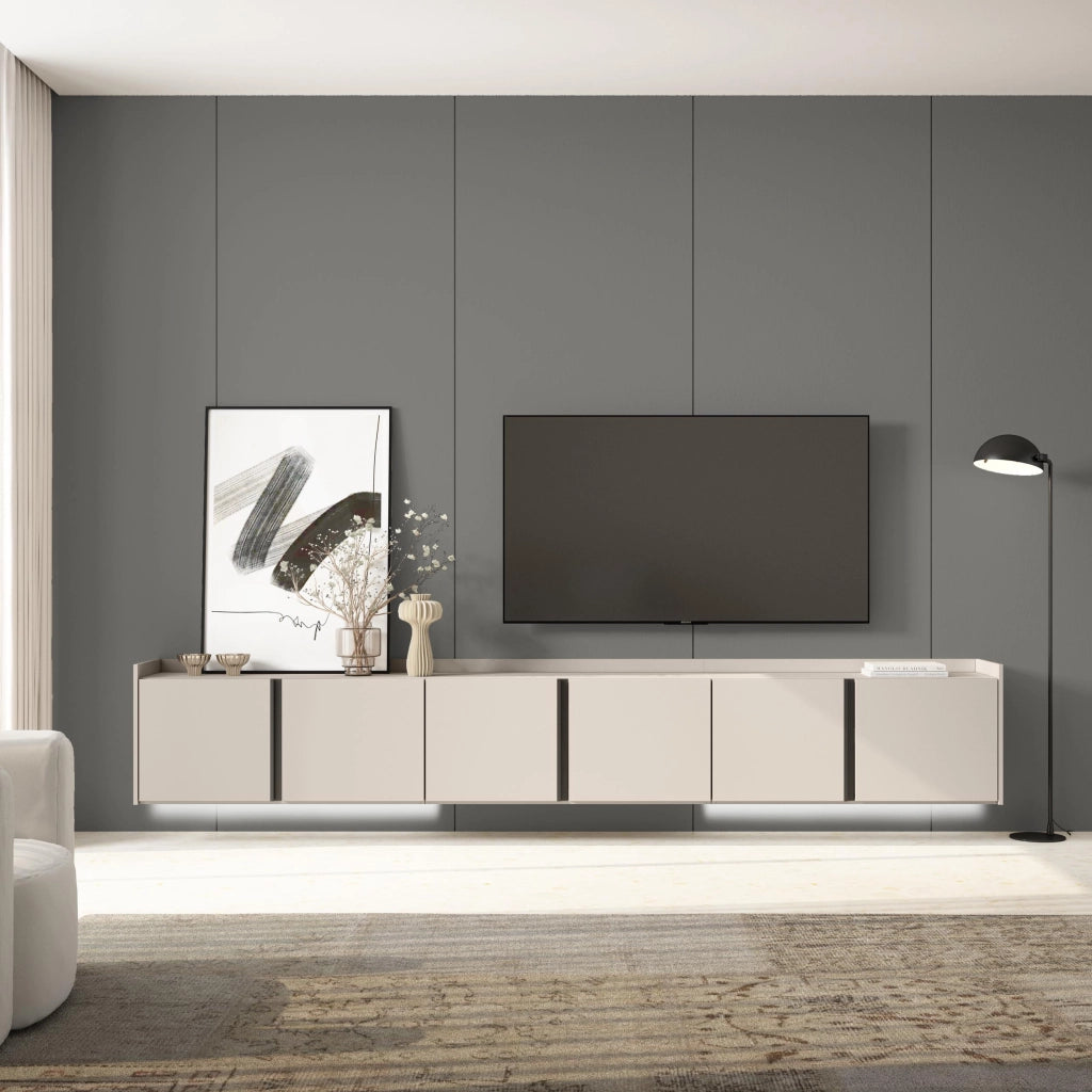 Mobile TV Soggiorno, 309x50x35 cm, Per TV fino a 80", Sospeso, da appendere, LED, Beige