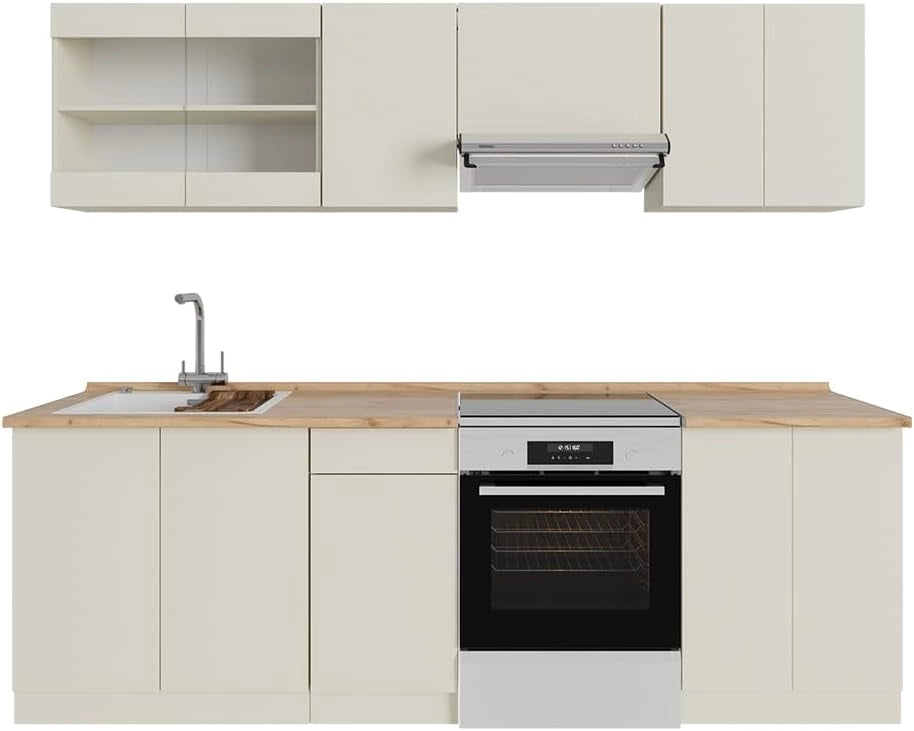 Mobile da cucina R-Line, Beige, 240 cm, PL Rovere, con moduli posizionabili variabilmente e piedini regolabili in altezza