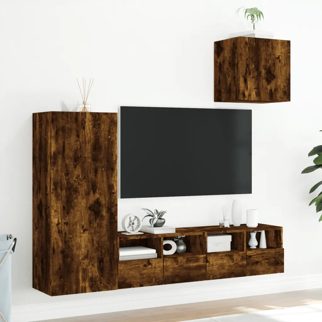 Mobili TV a Muro 4pz | Armadietto TV | Mobile Porta TV Rovere Fumo in Legno Multistrato