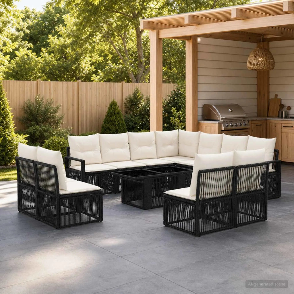 Set Divano da Giardino 12 pz Nero e Bianco Crema polyrattan 3437113