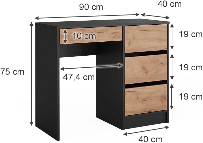 Tavolo da toilette Sherry, Antracite/quercia dorata, 90 x 75 cm Senza specchio, adatto per l’uso come tavolo da toeletta o superficie d’appoggio