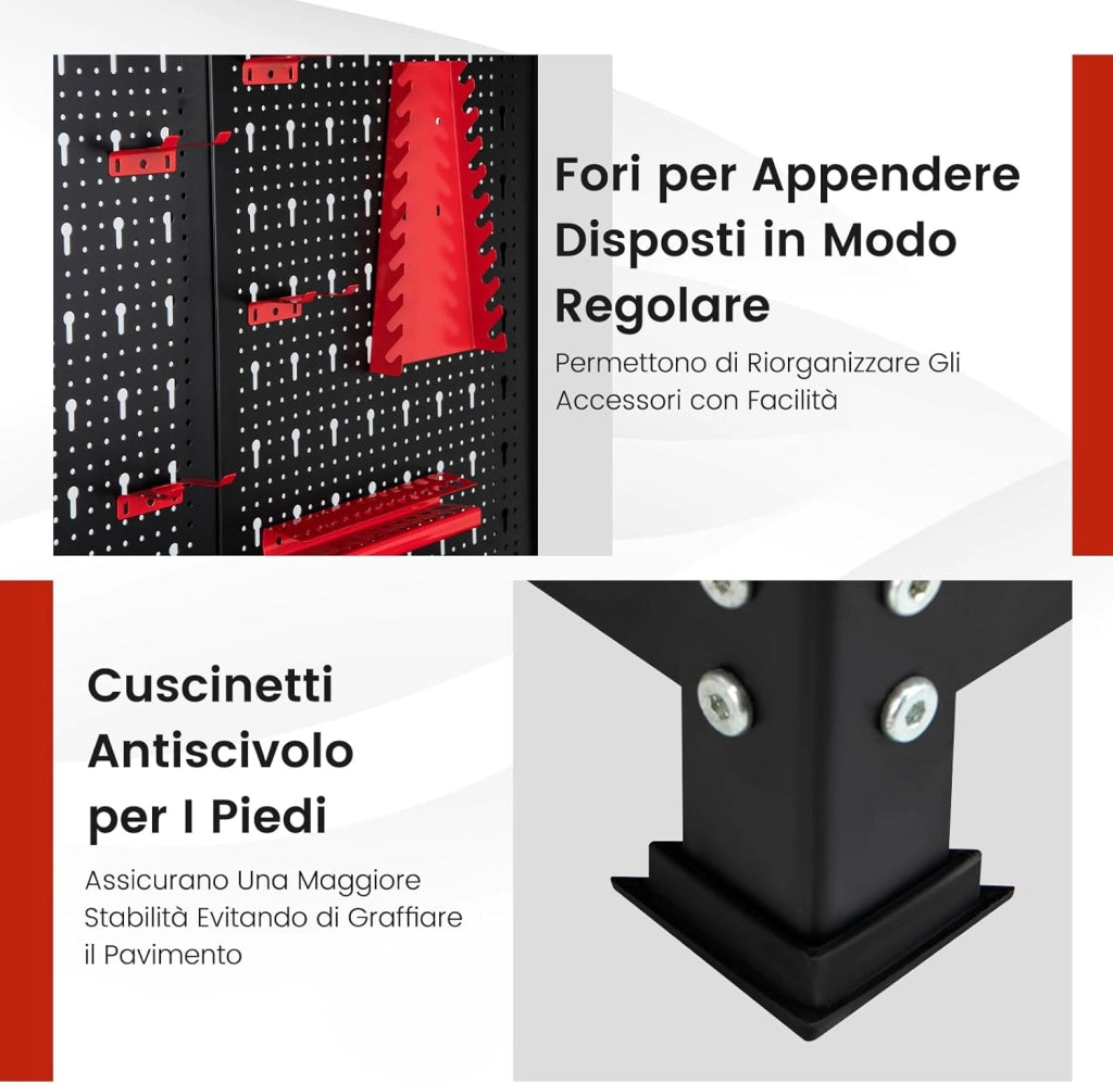 Banco da Lavoro con Pannello a Chiodi, Tavolo da Officina con Cassetti, Ripiani e 25 Accessori Appendibili, Carico Massimo 435 kg, per Garage, Casa, Officina e Magazzino