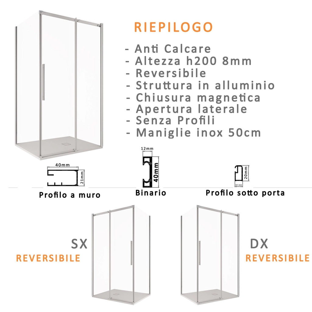 Box Doccia 3 Lati 70x160x70 cm 1 Anta Scorrevole in Cristallo Trasparente 8mm H200 Bonussi Eliane