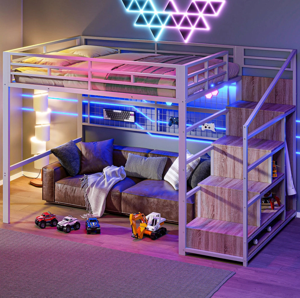 Letto a soppalco 140x200 con scala contenitore, griglia sospesa e LED