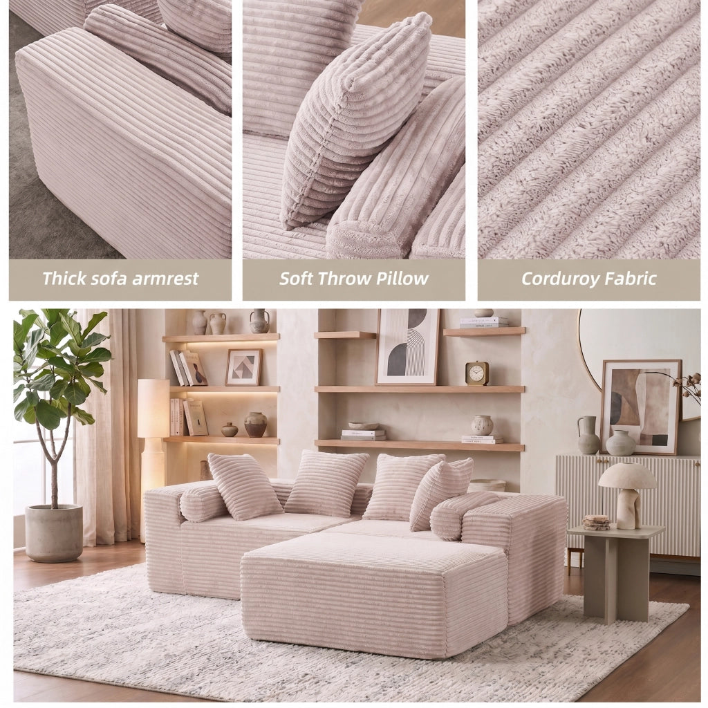 Divano modulare angolare con chaise longue senza montaggio e seduta morbida in schiuma e molle beige per soggiorno