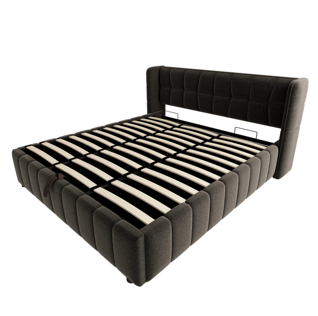 Letto contenitore imbottito 180x200 cm con rete a doghe e testiera grigio