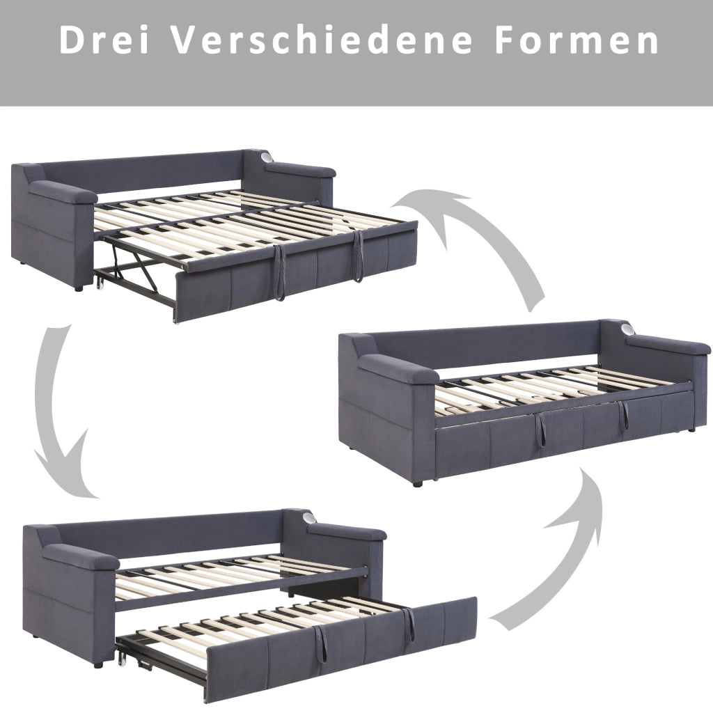 Divano letto estraibile 90/180x190 cm con Bluetooth; USB e vani in velluto grigio