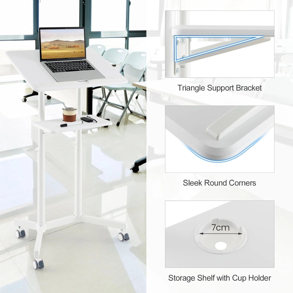 Leggio da conferenza, 105-128 cm, leggio mobile per computer portatile, tavolo da computer in piedi arrotolabile, leggio con ripiano portaoggetti e bordo per ufficio, scuola (bianco)