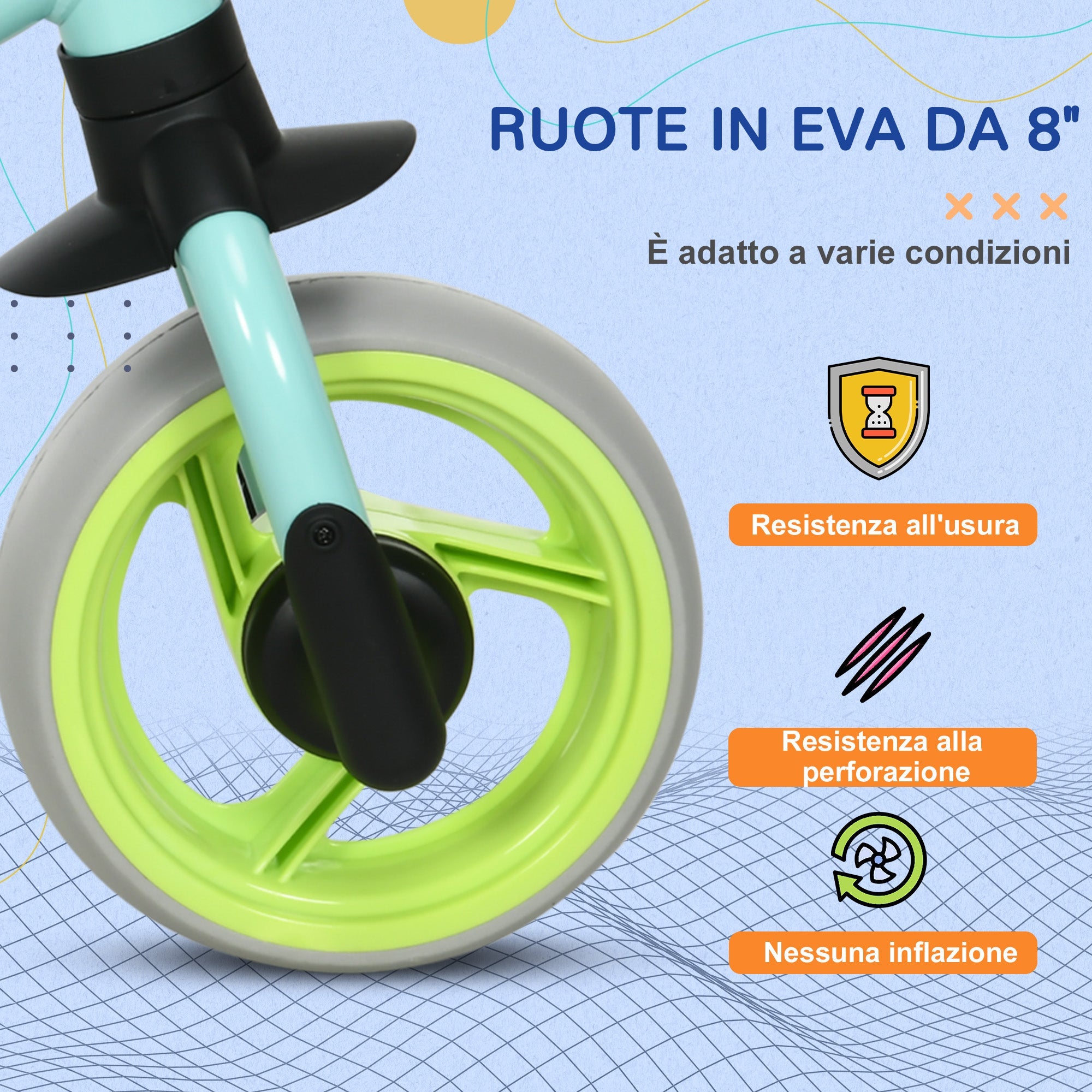 Bicicletta Pedagogica per Bambini Senza Pedali 66,5x34x47 cm in Acciaio PP PU e TPR Turchese