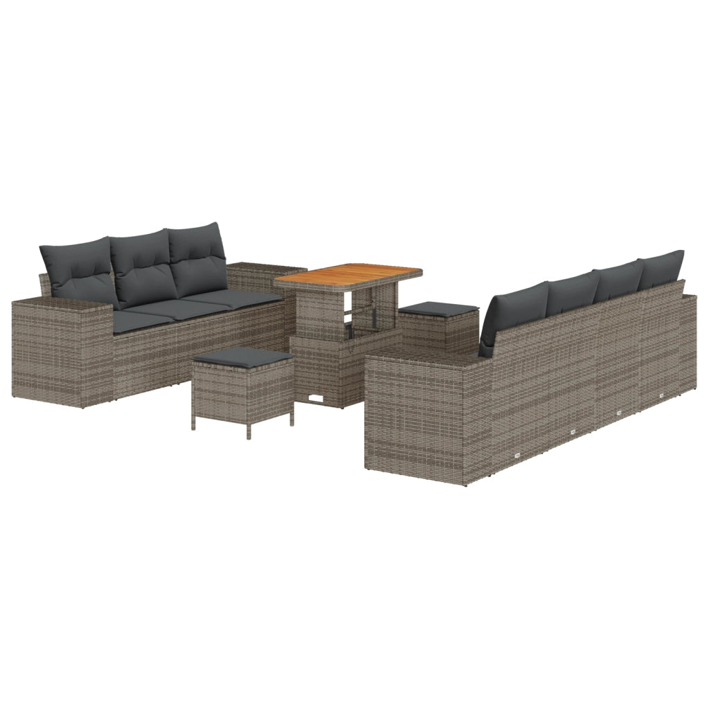 Set di divani da giardino  in 10 pezzi con cuscini grigi in polyrattan e acacia