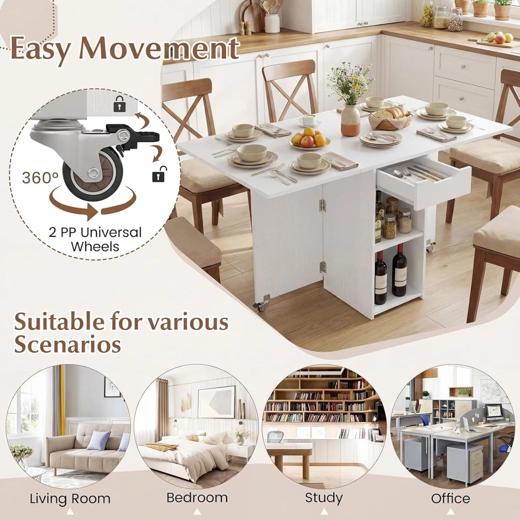 Tavolo da Pranzo Pieghevole, Mobile da Cucina con Ali Pieghevoli, 1 Cassetto e 2 Ripiani Aperti, per 2-4 Persone, Salvaspazio, 120 x 72 x 75 cm, Ideale per Sala e Cucina