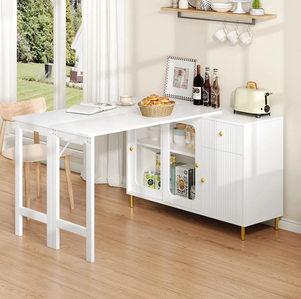 Credenza 116x40x78.5 cm con piano estensibile; ante scorrevoli in vetro; MDF bianco