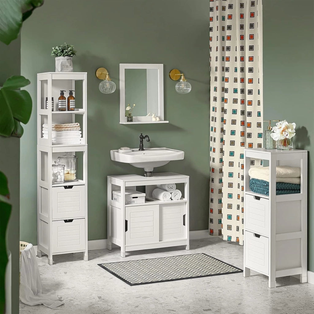 Mobiletto Bagno Salvaspazio - Armadio Salvaspazio 2 Ante Scorrevoli e Ripiano Aperto - Mobile Sottolavabo per Bagno Moderno Piccolo – Bianco, 60x30x60cm, FRG128-II-W