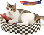Ovata piattaforma per gatti in cartone ondulato per interni - Letto e divano per gatti in forma di ciotola - Regalo di compleanno (giocattolo pesce e granchio)