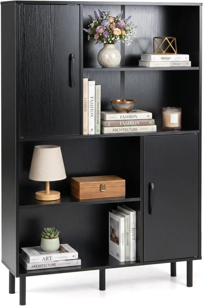 Credenza Mobile da Cucina, Libreria Verticale in Legno con 2 Ante, 4 Ripiani Aperti e 5 Gambe in Metallo, Mobile Dispensa Moderno per Soggiorno, Studio e Ufficio, 80 x 24 x 119,5 cm (Marrone)