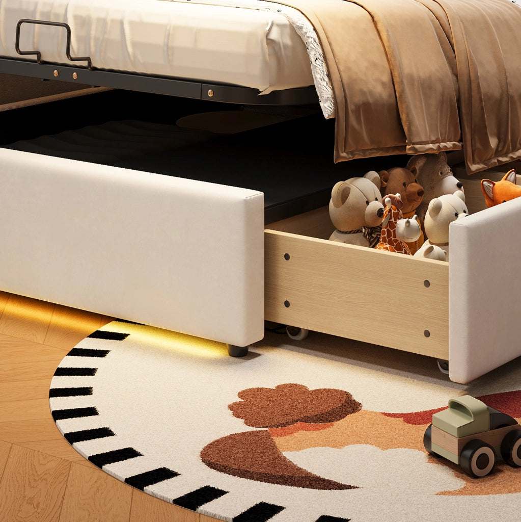 Letto contenitore per ragazzi in velluto beige con LED e 3 cassetti