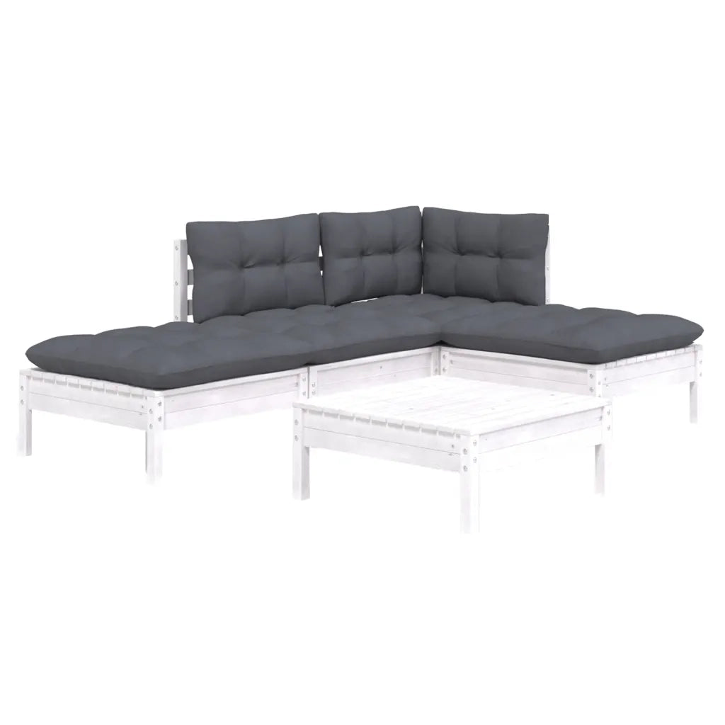 Set Divani da Giardino 5 pz | Set Salotto da Giardino con Cuscini Bianchi Legno di Pino