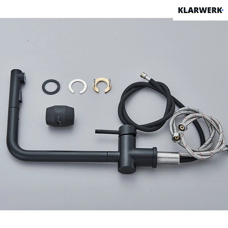 FELICE| Rubinetto da cucina estraibile Premium in acciaio inox nero opaco | Miscelatore canna dritta | Rubinetto gastro alta pressione 360° 2 attacchi