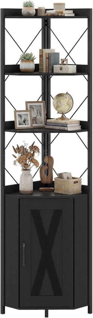 Libreria a 5 Ripiani, Mensola ad Angolo con Spazio di Archiviazione, Armadio ad Angolo con Paraspigoli Anticaduta, Autoportante, con 2 Kit Antiribaltamento, 38 x 38 x 180 cm (Nero)